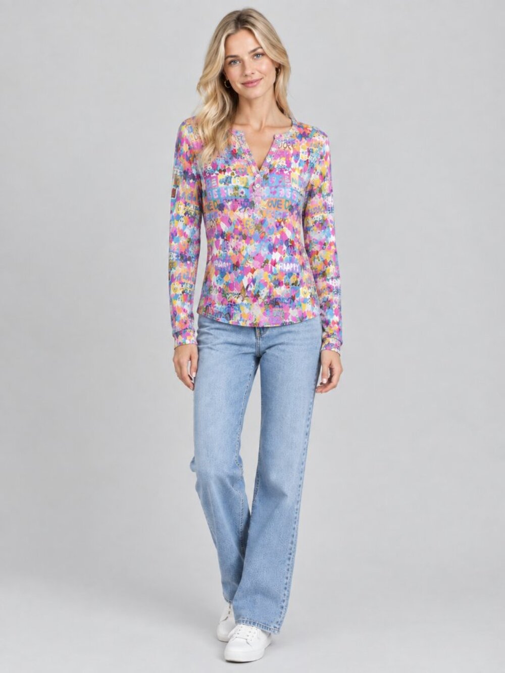 2/$30 Aqua x Kerri Rosenthal Graffiti-print Long-Sleeve Henley Top Large #A4482